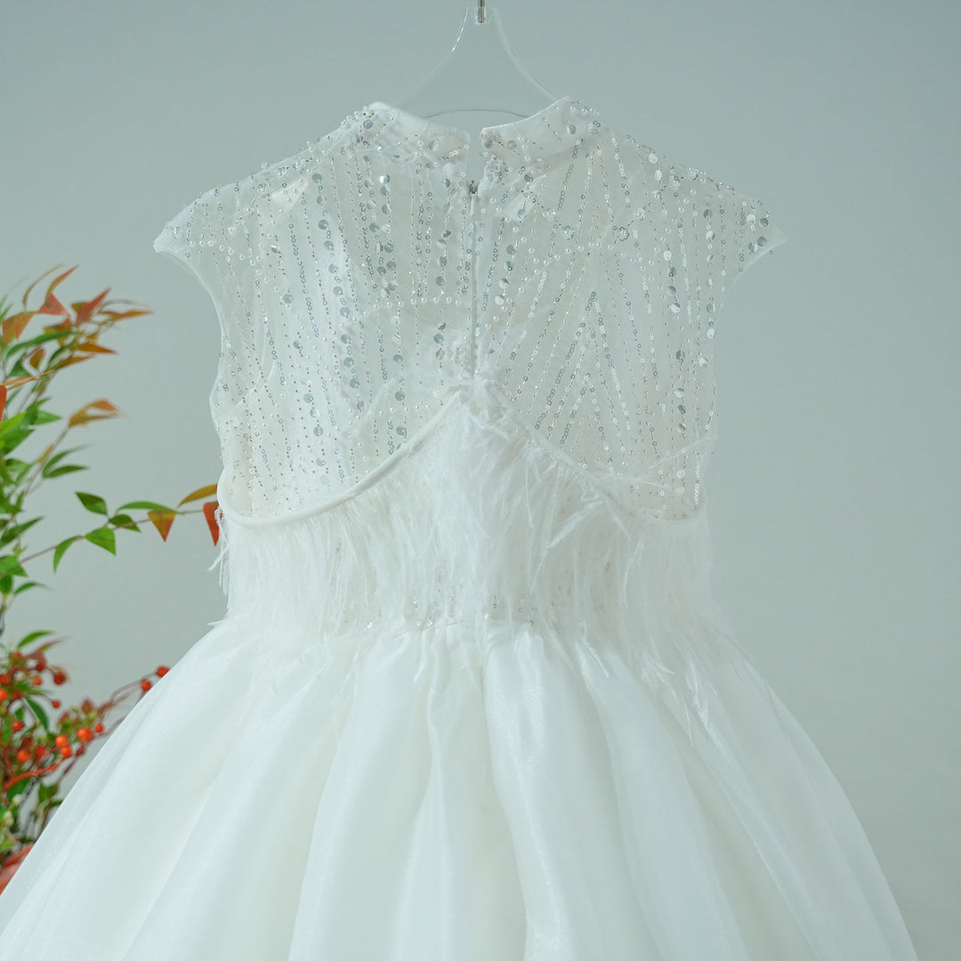 Luxury White Girl Dress Beads Feathers Kids for First Communion J398