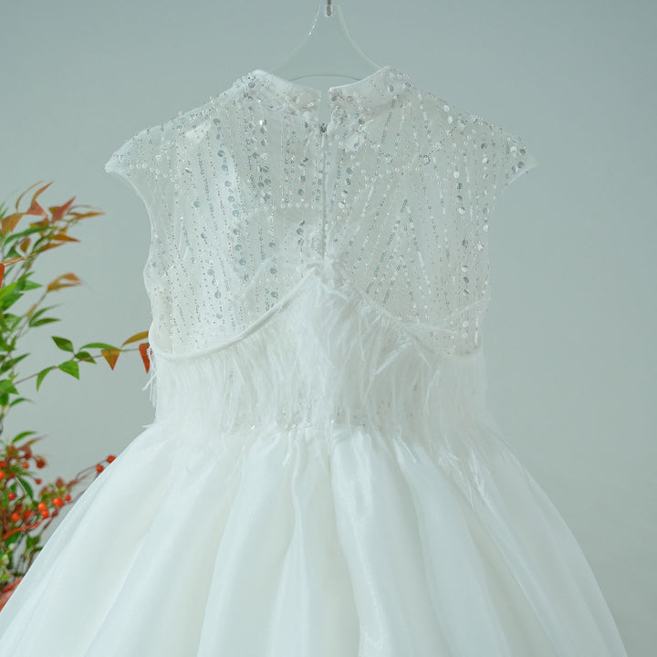 Luxury White Girl Dress Beads Feathers Kids for First Communion J398