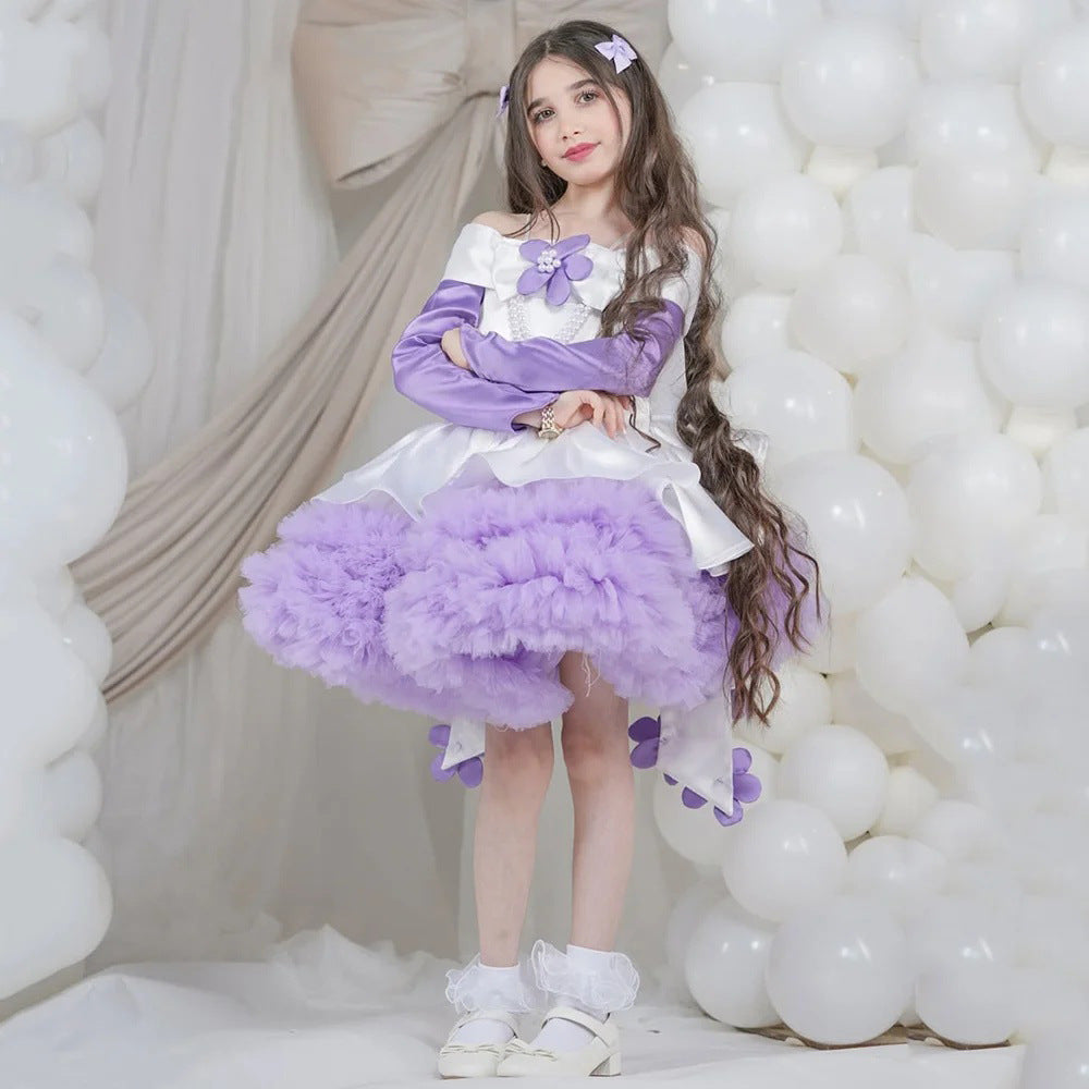 J431 Lilac flower applique tulle flower girl dress detail 1