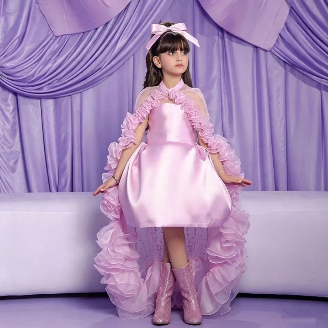 J436 Pink ruffle high-low flower girl dress detail 2