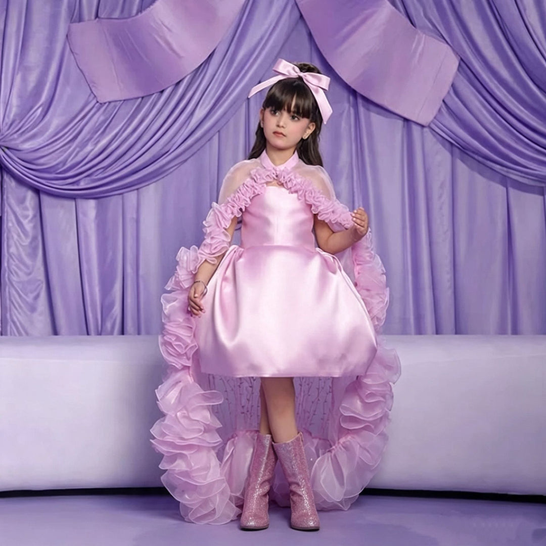 J436 Pink ruffle high-low flower girl dress detail 4
