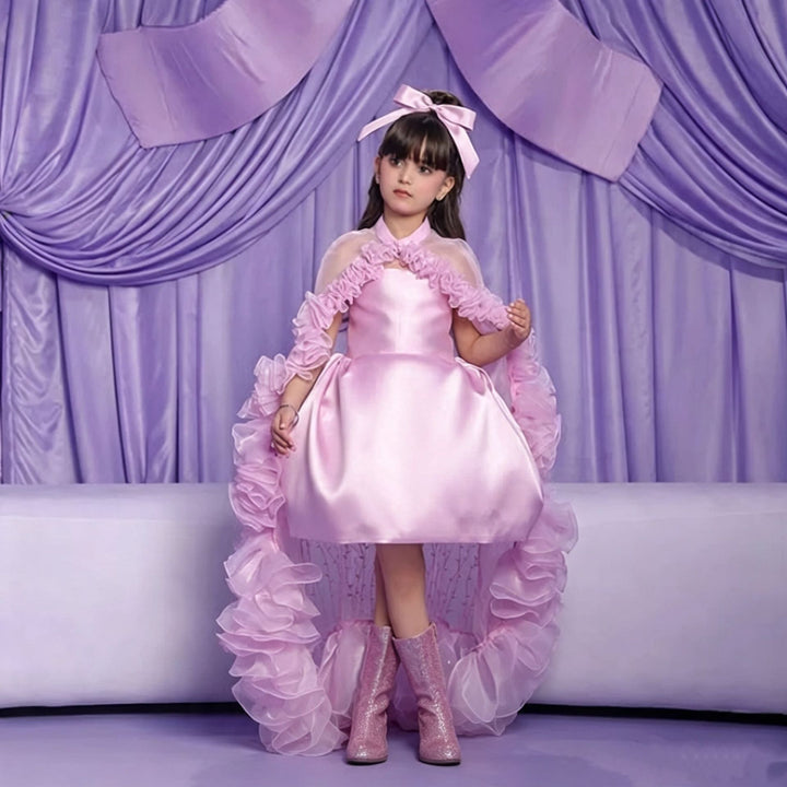 J436 Pink ruffle high-low flower girl dress detail 4