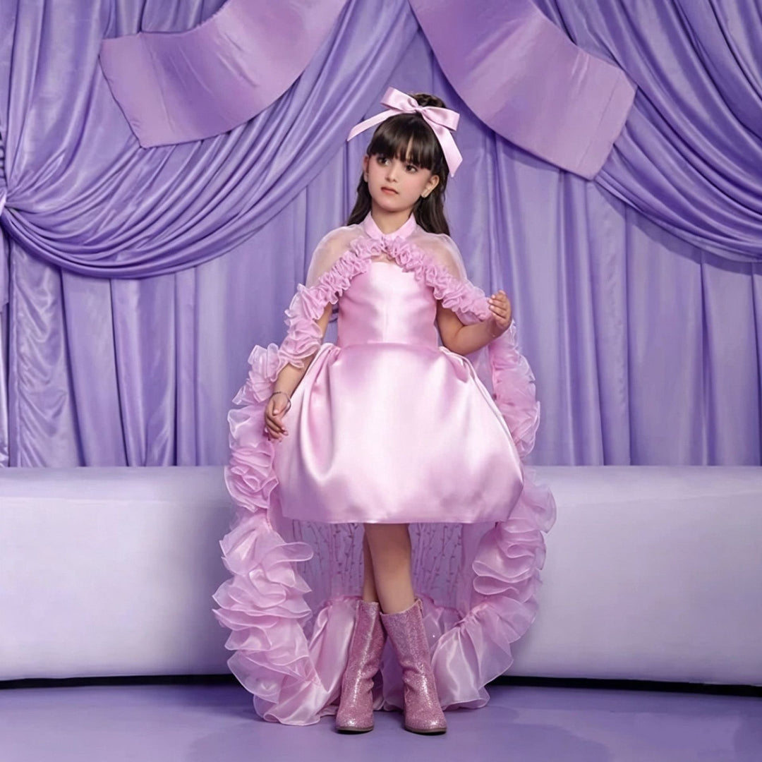 J436 Pink ruffle high-low flower girl dress main image