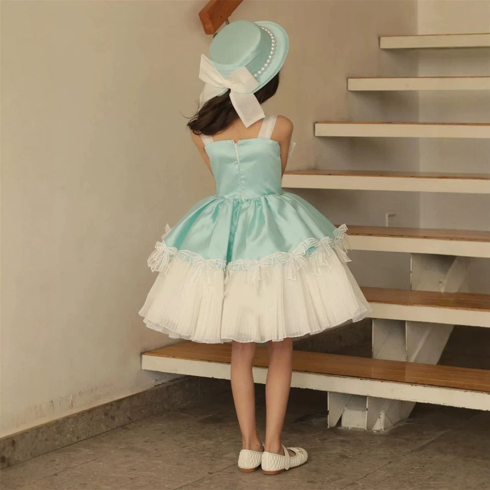 J444 Blue bow tulle flower girl dress detail 1