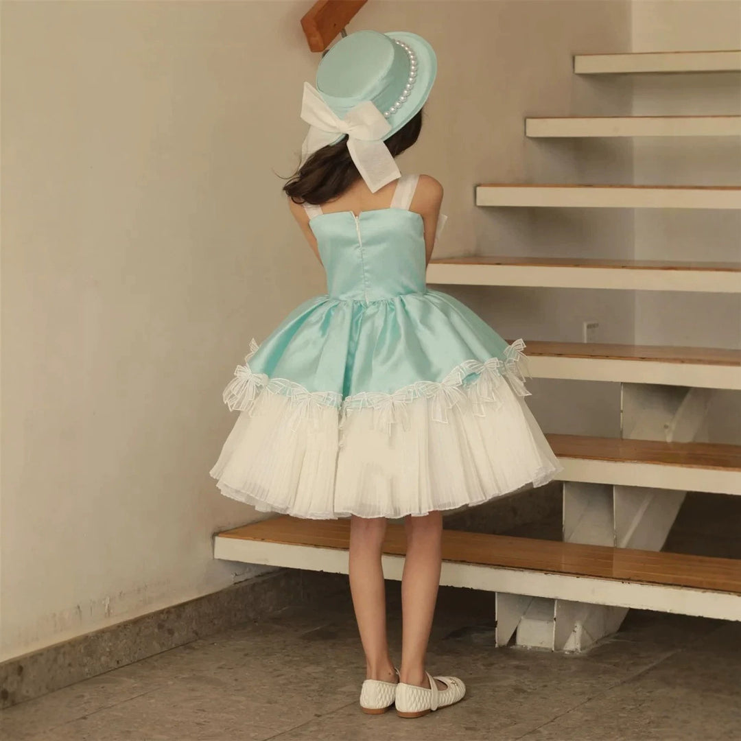 J444 Blue bow tulle flower girl dress detail 1