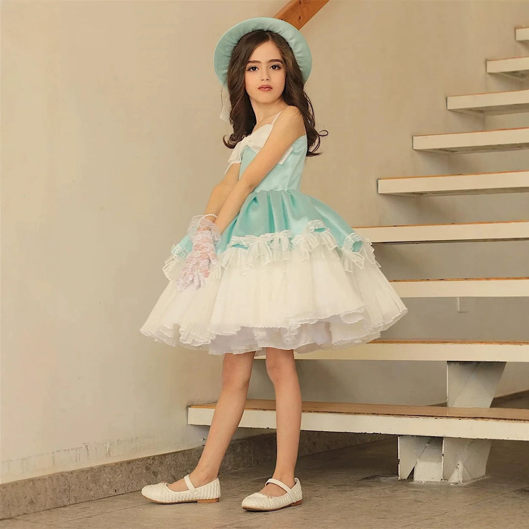 J444 Blue bow tulle flower girl dress detail 3