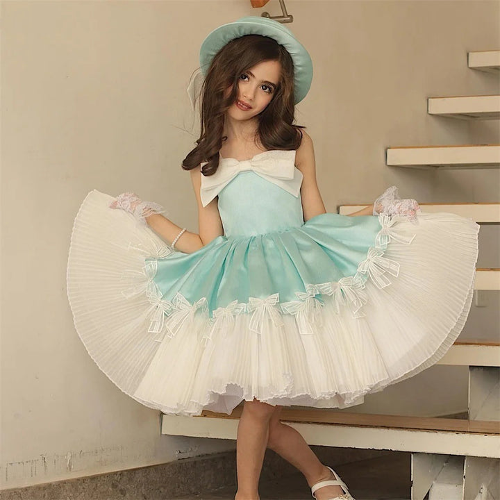 J444 Blue bow tulle flower girl dress detail 4