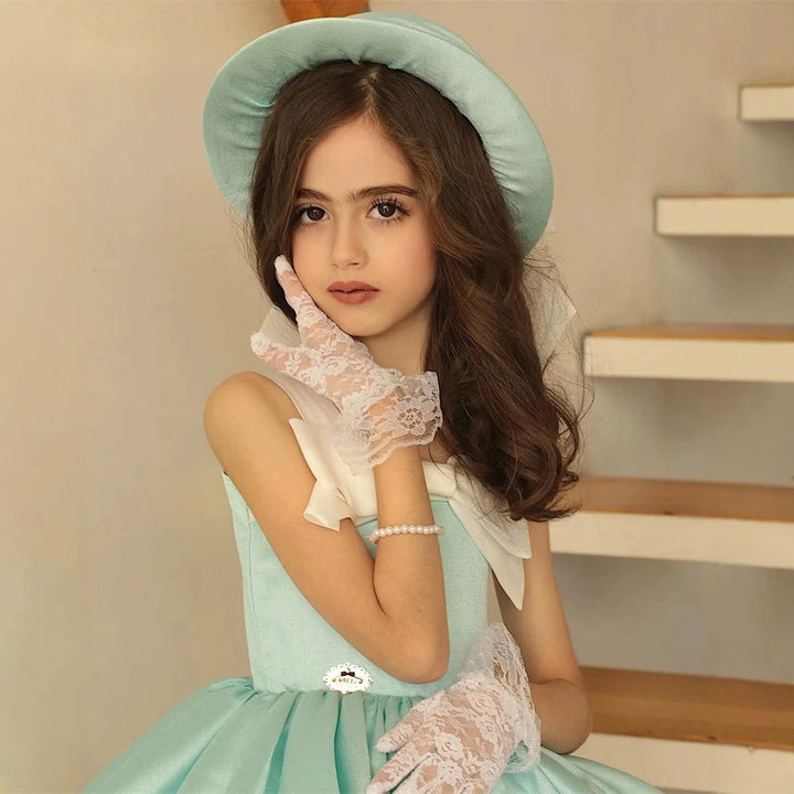 J444 Blue bow tulle flower girl dress detail 5