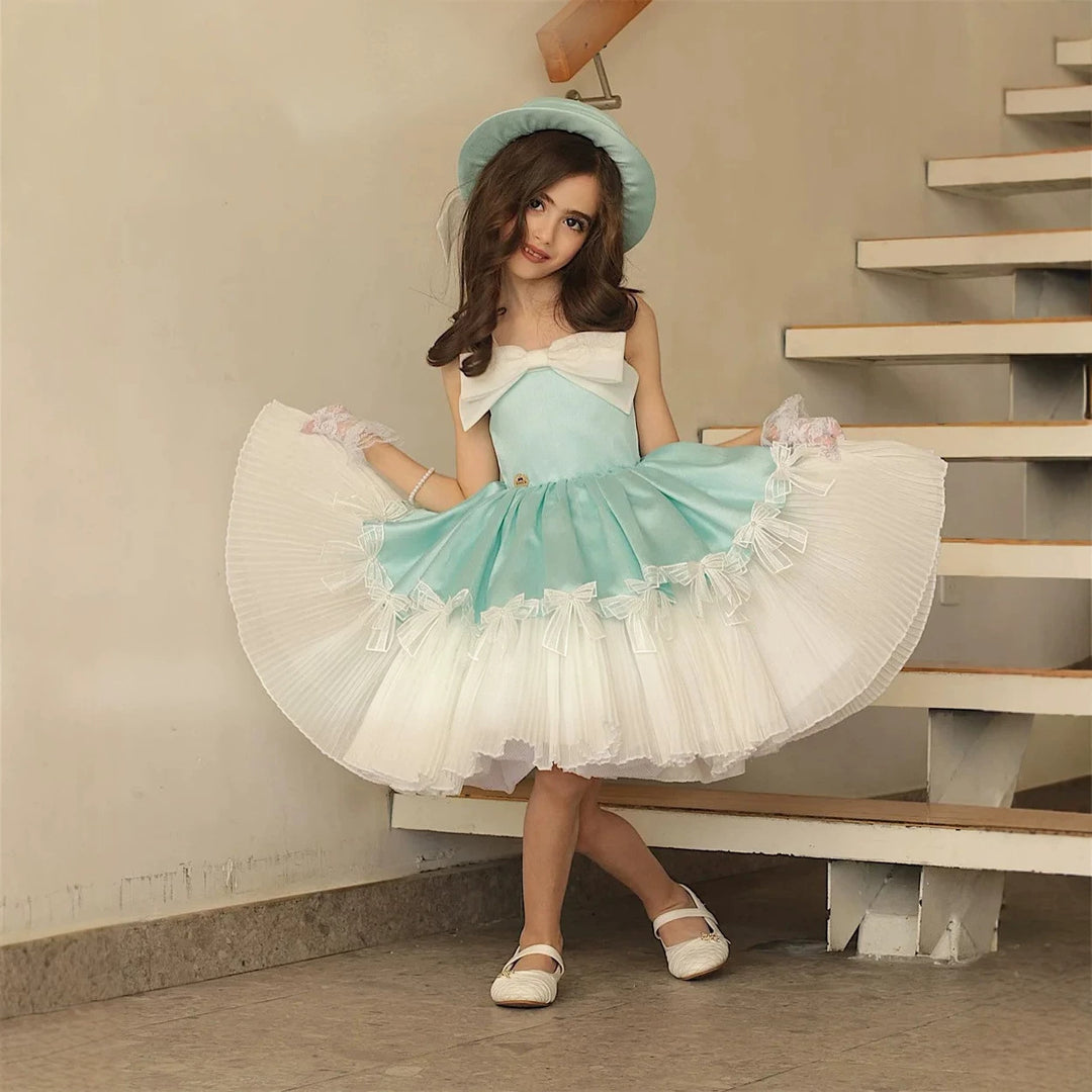 J444 Blue bow tulle flower girl dress main image
