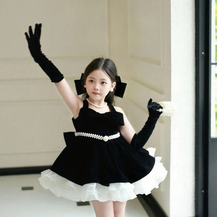J494 Black velvet pearl bow flower girl dress detail 1