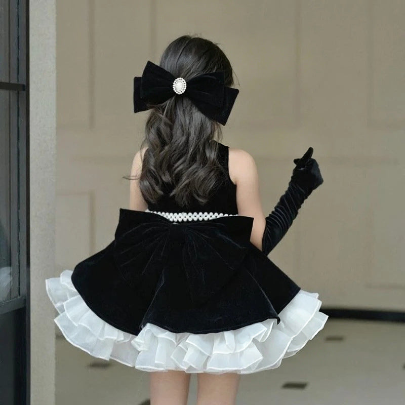 J494 Black velvet pearl bow flower girl dress detail 3