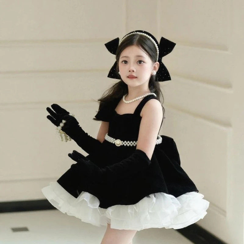 J494 Black velvet pearl bow flower girl dress detail 4
