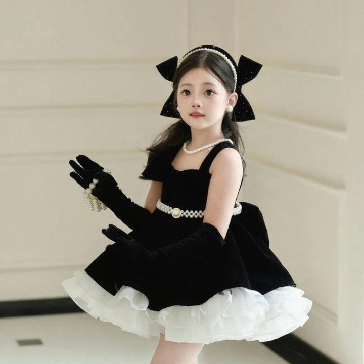 J494 Black velvet pearl bow flower girl dress detail 4
