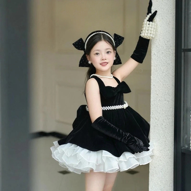 J494 Black velvet pearl bow flower girl dress main image