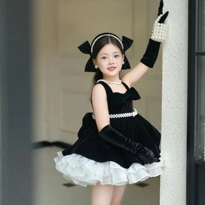 J494 Black velvet pearl bow flower girl dress main image
