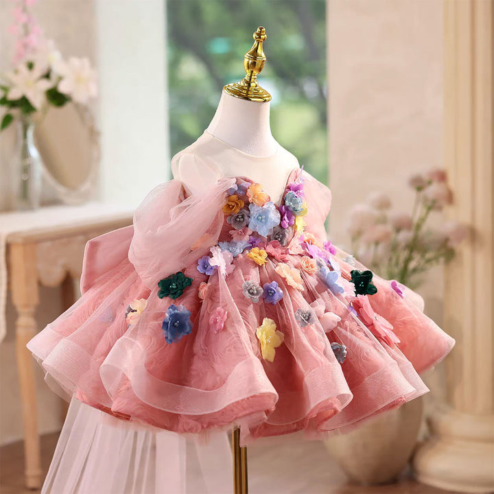 Flower Girl Dress Pink Off Shoulder Layered Ruffles Keen Length J565