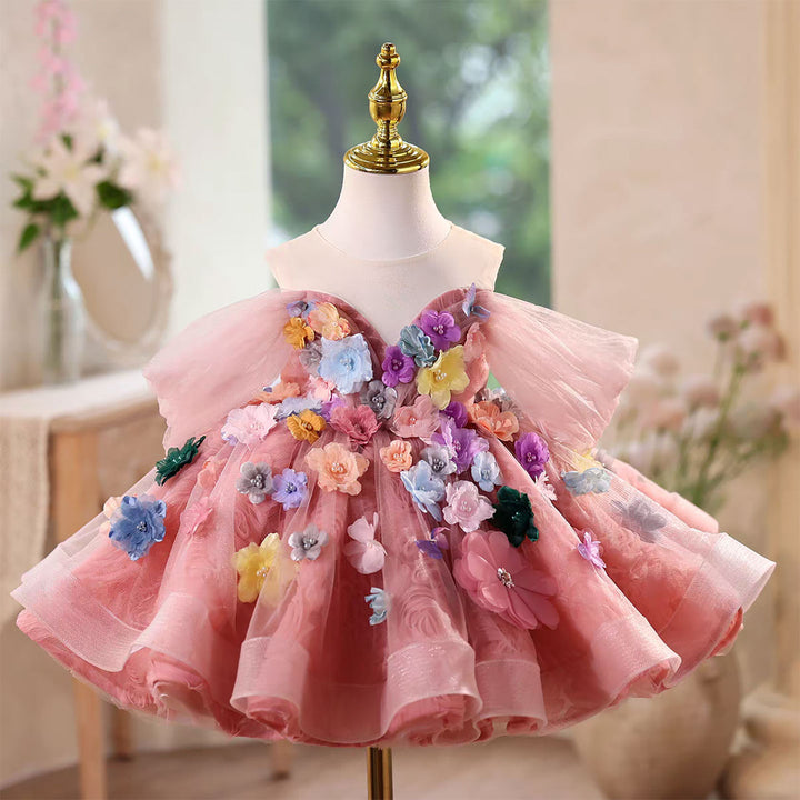 Flower Girl Dress Pink Off Shoulder Layered Ruffles Keen Length J565