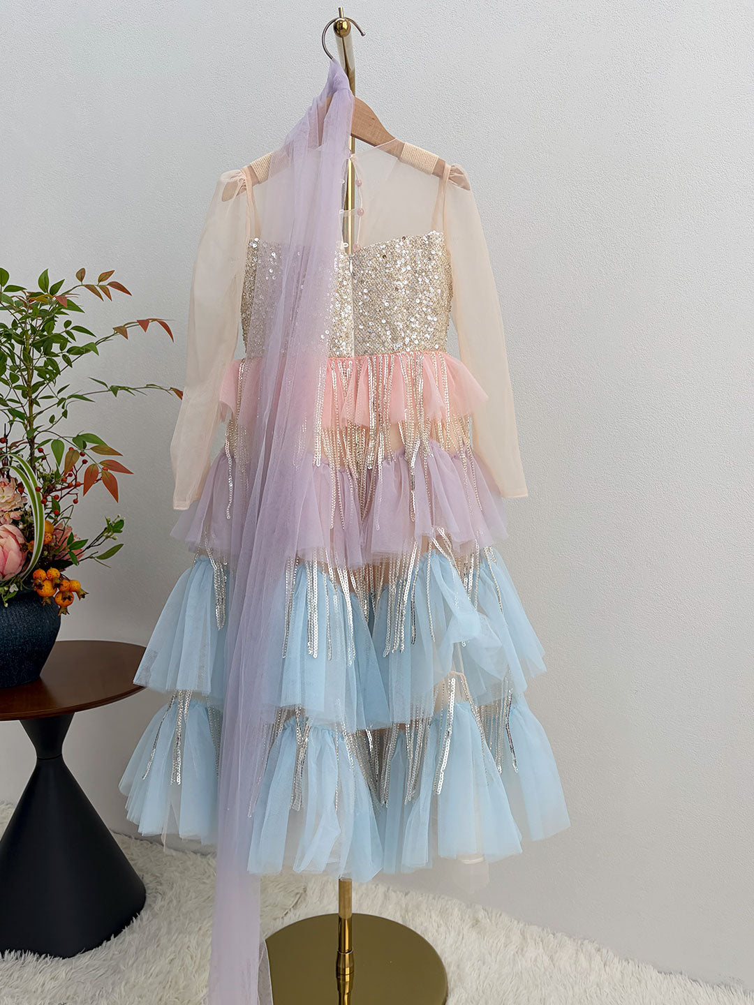 Pastel Rainbow Flower Girl Dress Layered Tulle Sparkly Birthday Party Gown J622