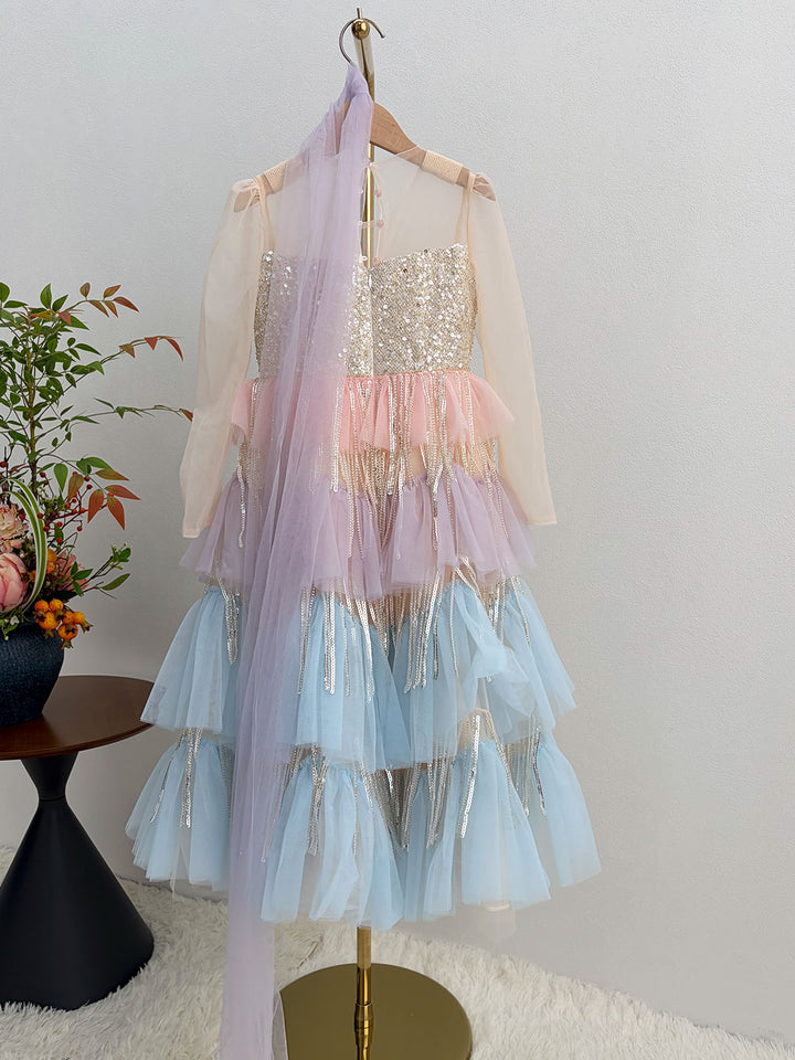 Pastel Rainbow Flower Girl Dress Layered Tulle Sparkly Birthday Party Gown J622