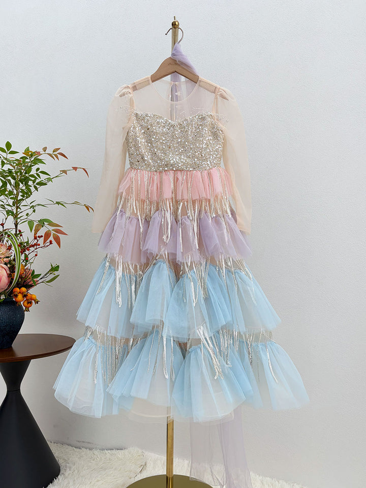 Pastel Rainbow Flower Girl Dress Layered Tulle Sparkly Birthday Party Gown J622
