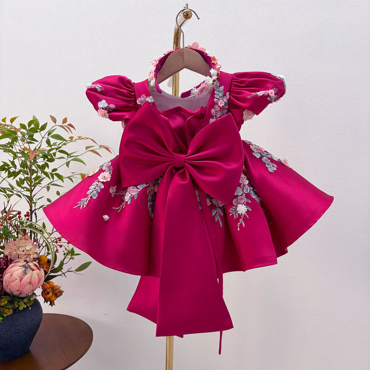 Elegant White 3D Floral Flower Girl Dress Puffy Sleeve Princess Dress for Wedding J879