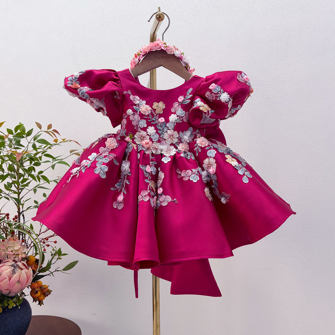 Elegant White 3D Floral Flower Girl Dress Puffy Sleeve Princess Dress for Wedding J879