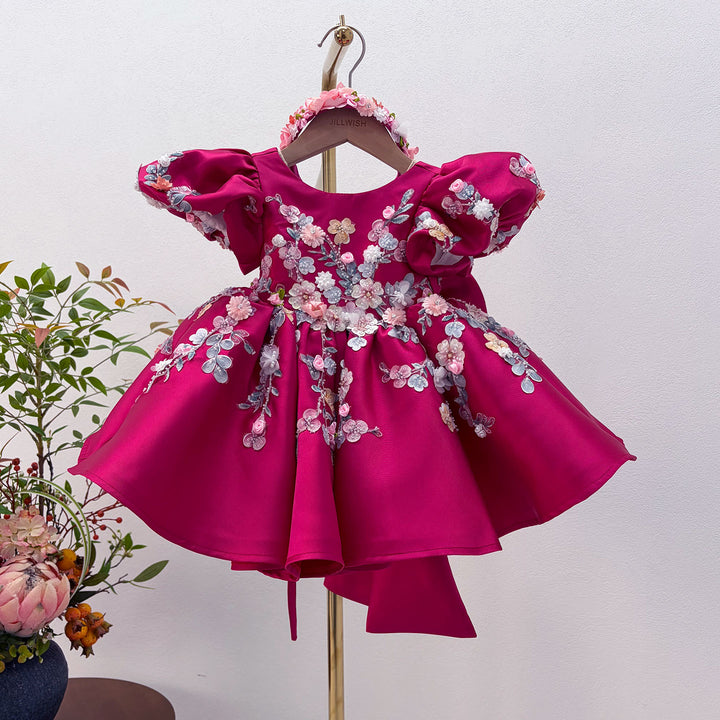 Elegant White 3D Floral Flower Girl Dress Puffy Sleeve Princess Dress for Wedding J879