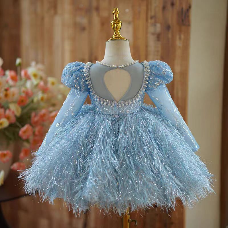 long sleeve 1st birthday dress Long Sleeve Sequins Knee Length 1st Birthday Girl Dress J359 Pink / child-2