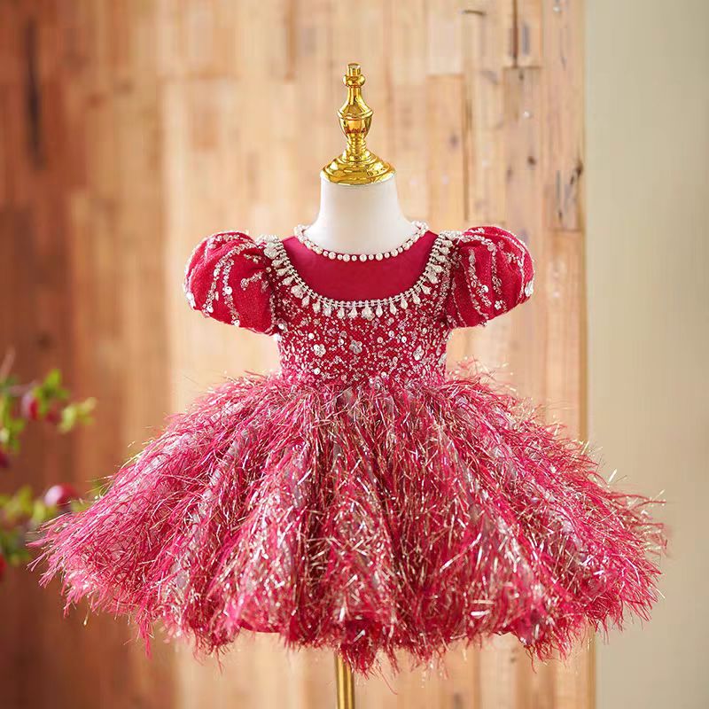 Burgundy Girl Dress Long Sleeve Toddler Kids 1st Birthday Gown J446 Red Short Sleeve / child-8 Burgundy Girl Dress Long Sleeve Toddler Kids 1st Birthday Gown J446 Red Short Sleeve / child-8