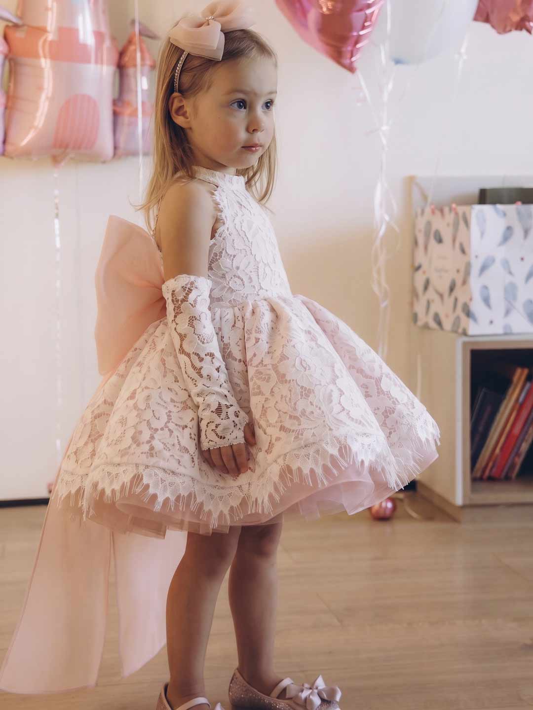 Light Pink Floral Lace Bow Girls Birthday Dress M087
