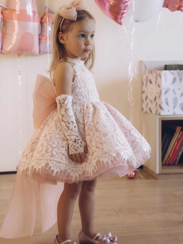 Light Pink Floral Lace Bow Girls Birthday Dress M087