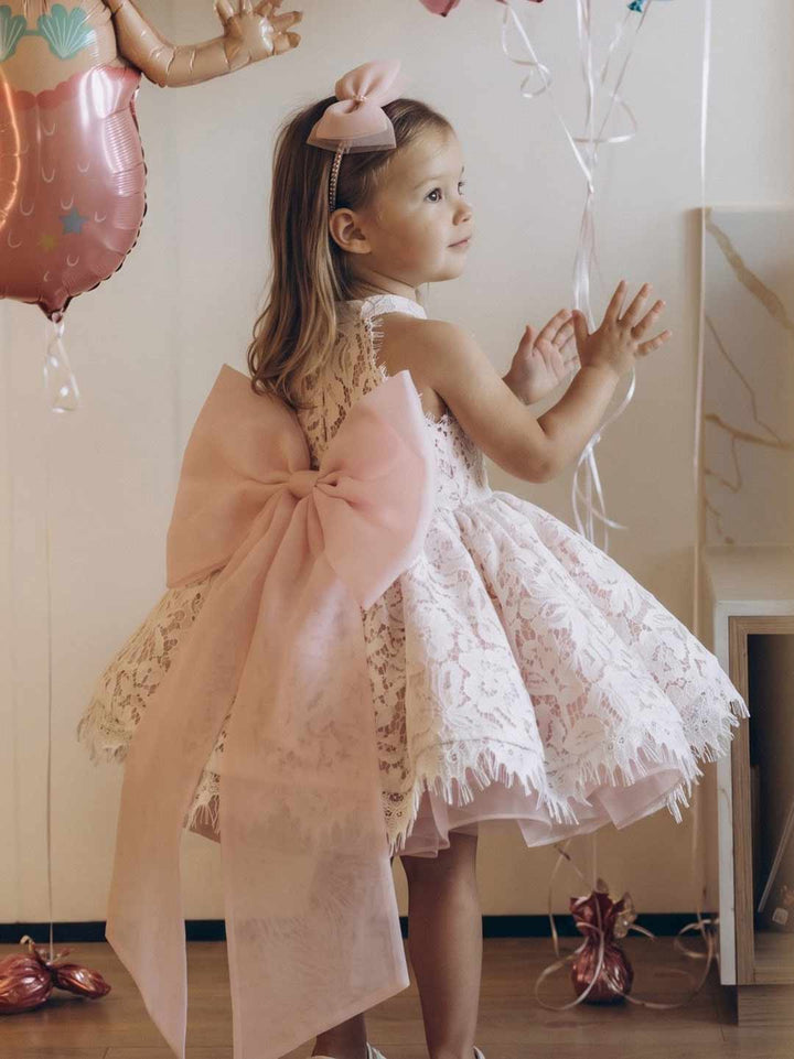Light Pink Floral Lace Bow Girls Birthday Dress M087