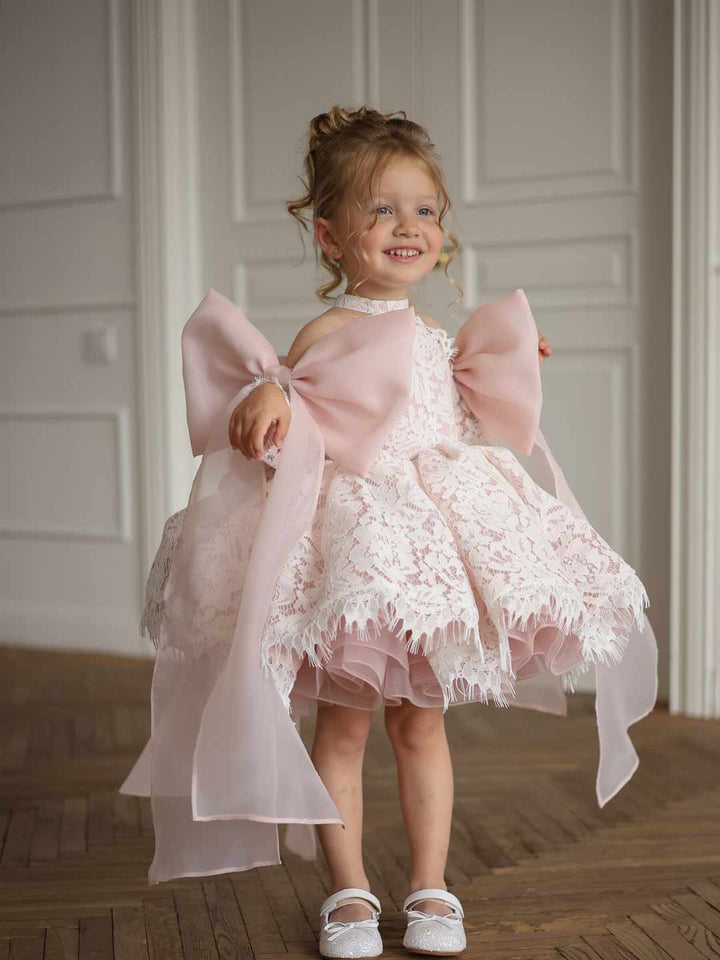 Light Pink Floral Lace Bow Girls Birthday Dress M087