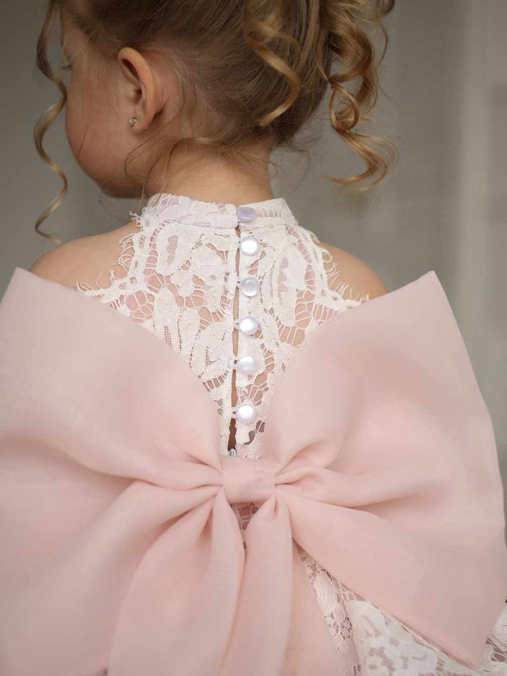 Light Pink Floral Lace Bow Girls Birthday Dress M087