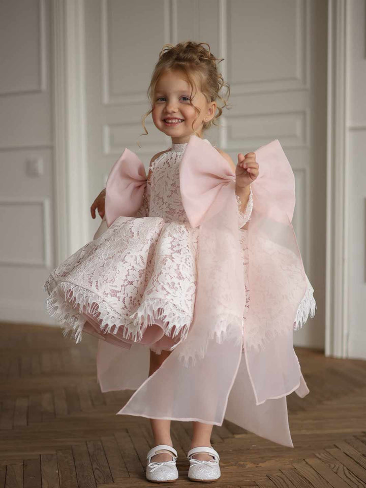 Light Pink Floral Lace Bow Girls Birthday Dress M087