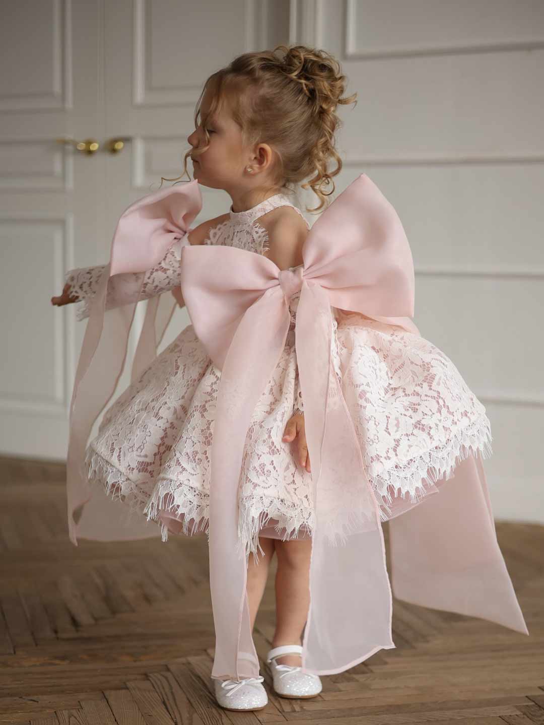 Light Pink Floral Lace Bow Girls Birthday Dress M087