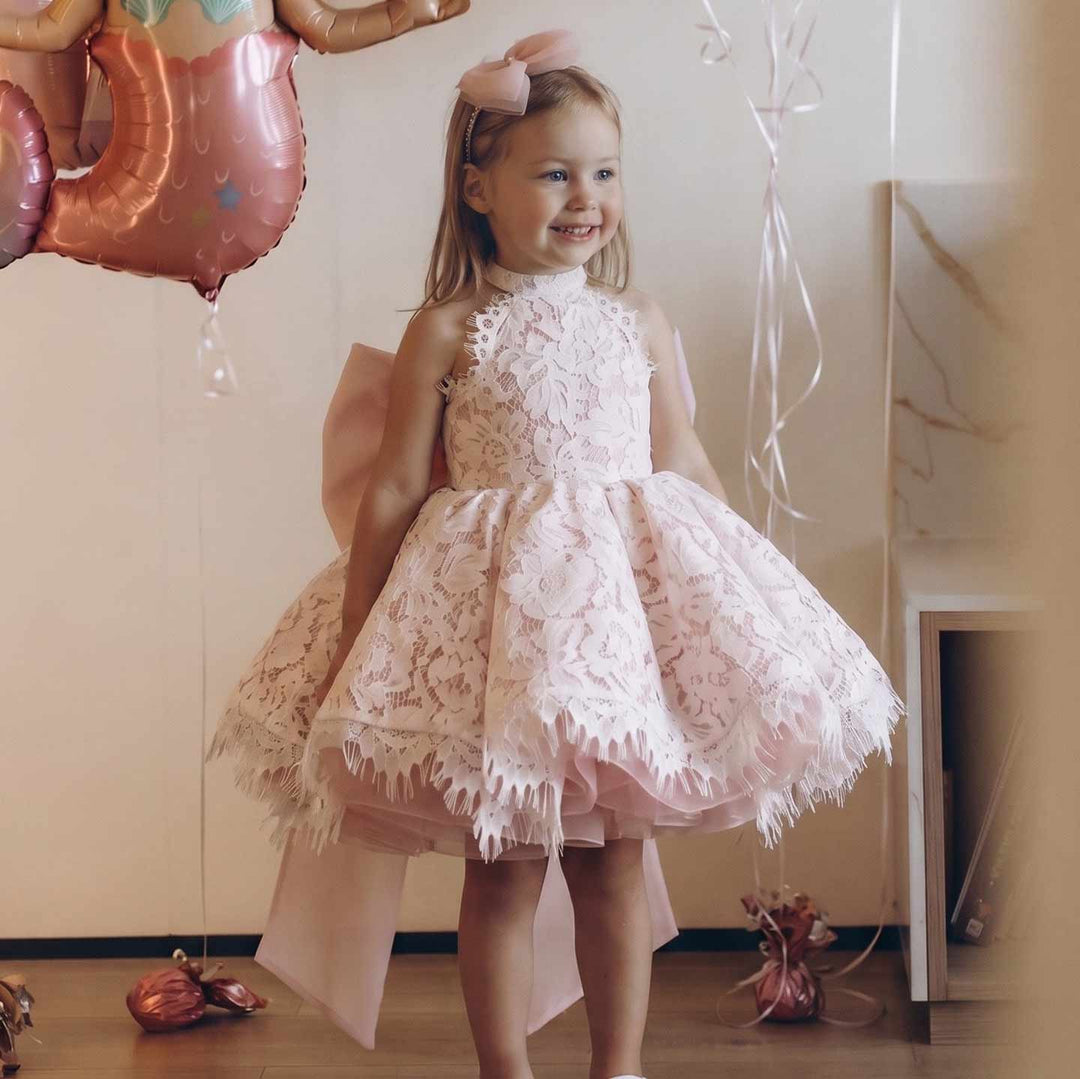 Light Pink Floral Lace Bow Girls Birthday Dress M087