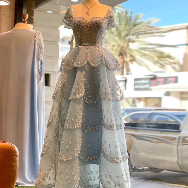 Glamorous Pink Strapless Sequin Layered Tulle Evening Dress SS612