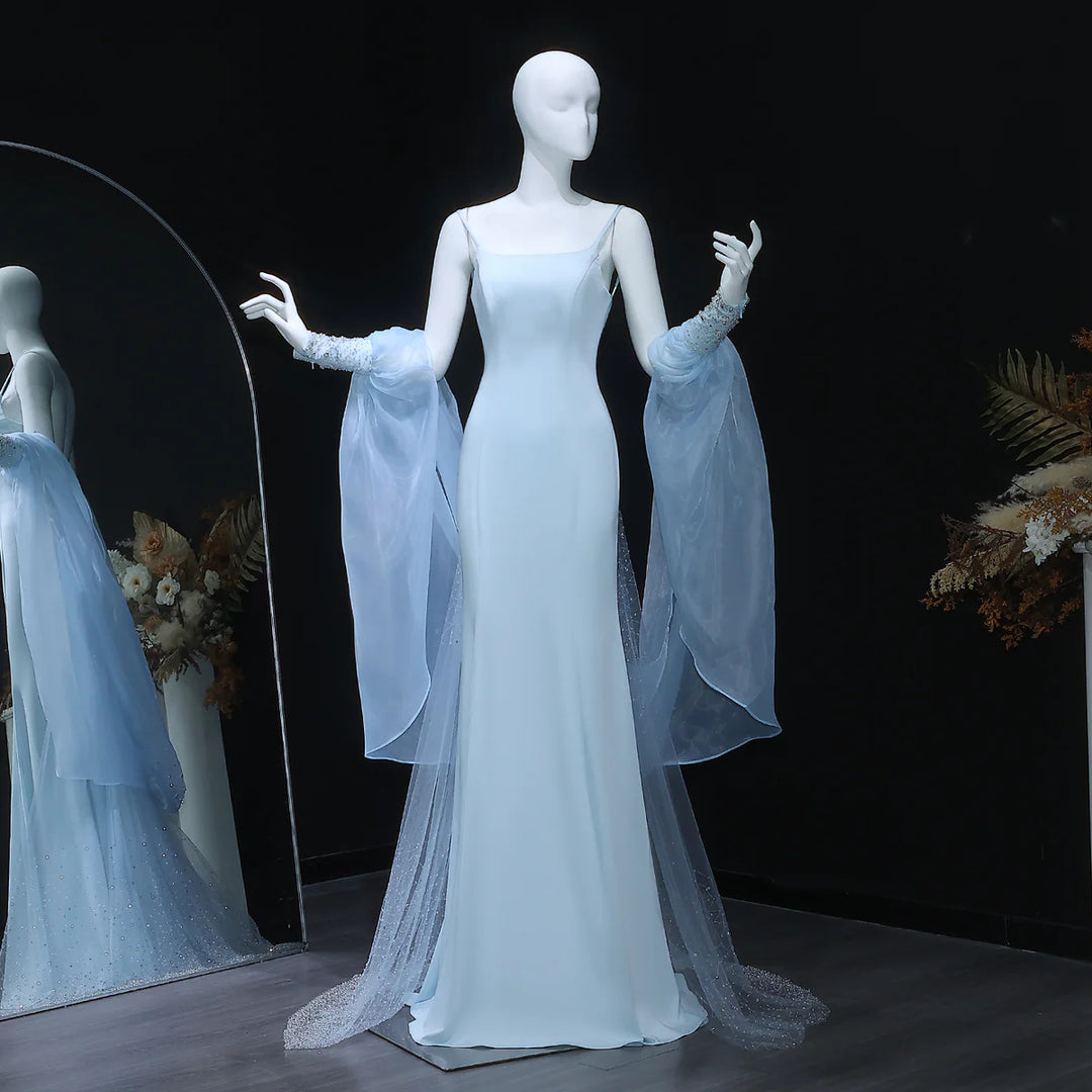 Dreamy Light Blue Satin with Sheer Cape Sleeves Evening Dress SS261