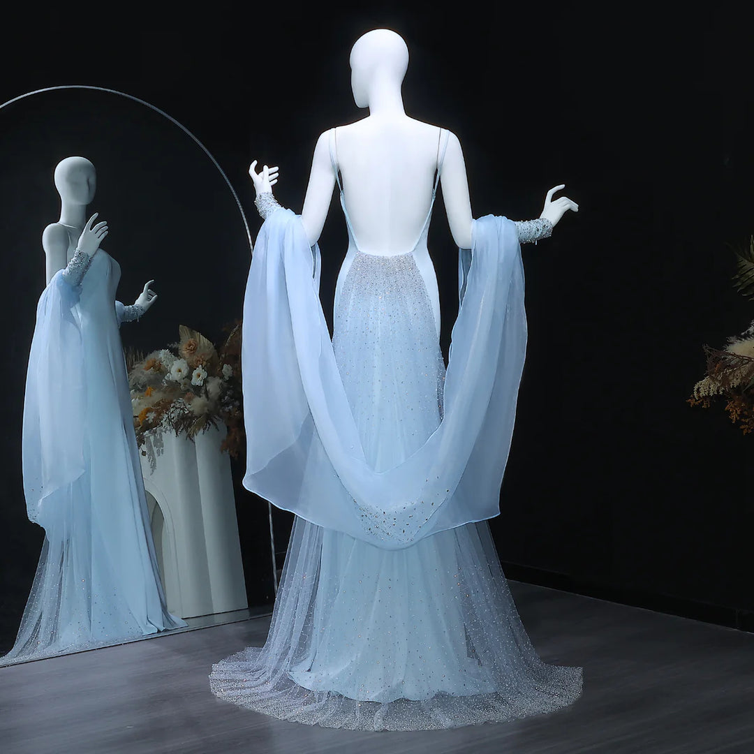 Dreamy Light Blue Satin with Sheer Cape Sleeves Evening Dress SS261