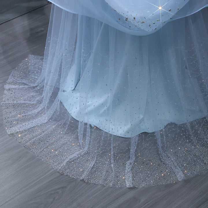 Dreamy Light Blue Satin with Sheer Cape Sleeves Evening Dress SS261