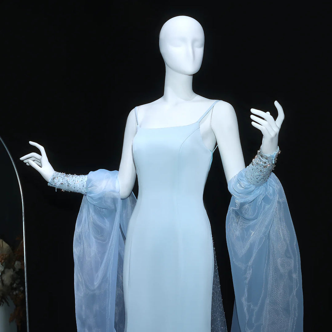 Dreamy Light Blue Satin with Sheer Cape Sleeves Evening Dress SS261