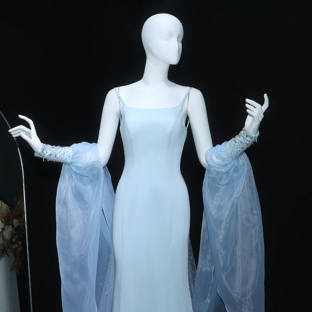 Dreamy Light Blue Satin with Sheer Cape Sleeves Evening Dress SS261