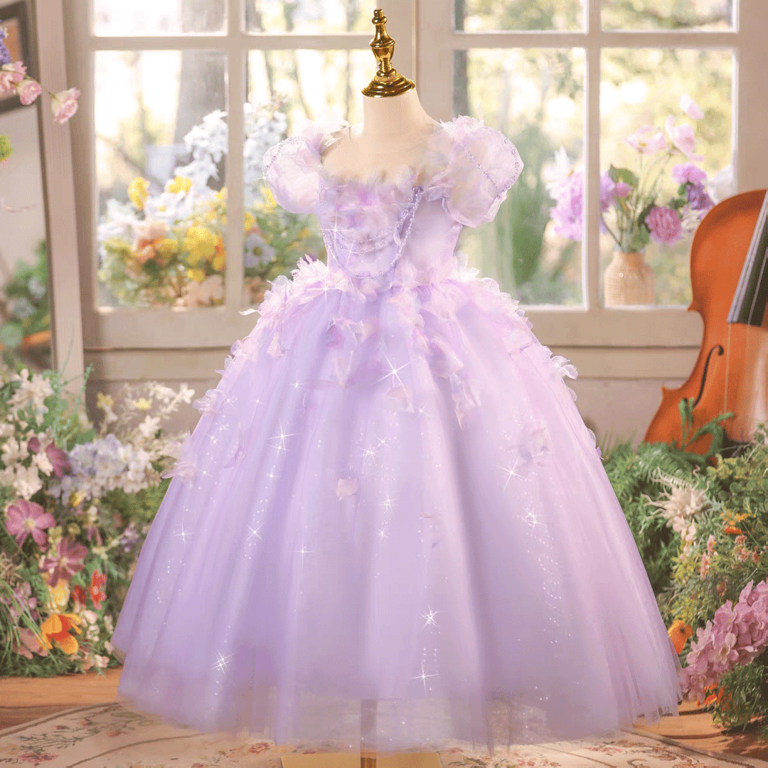 Sparkly Lilac Tulle Flower Girl Dress Kids Fairy Princess Ball Gown J612