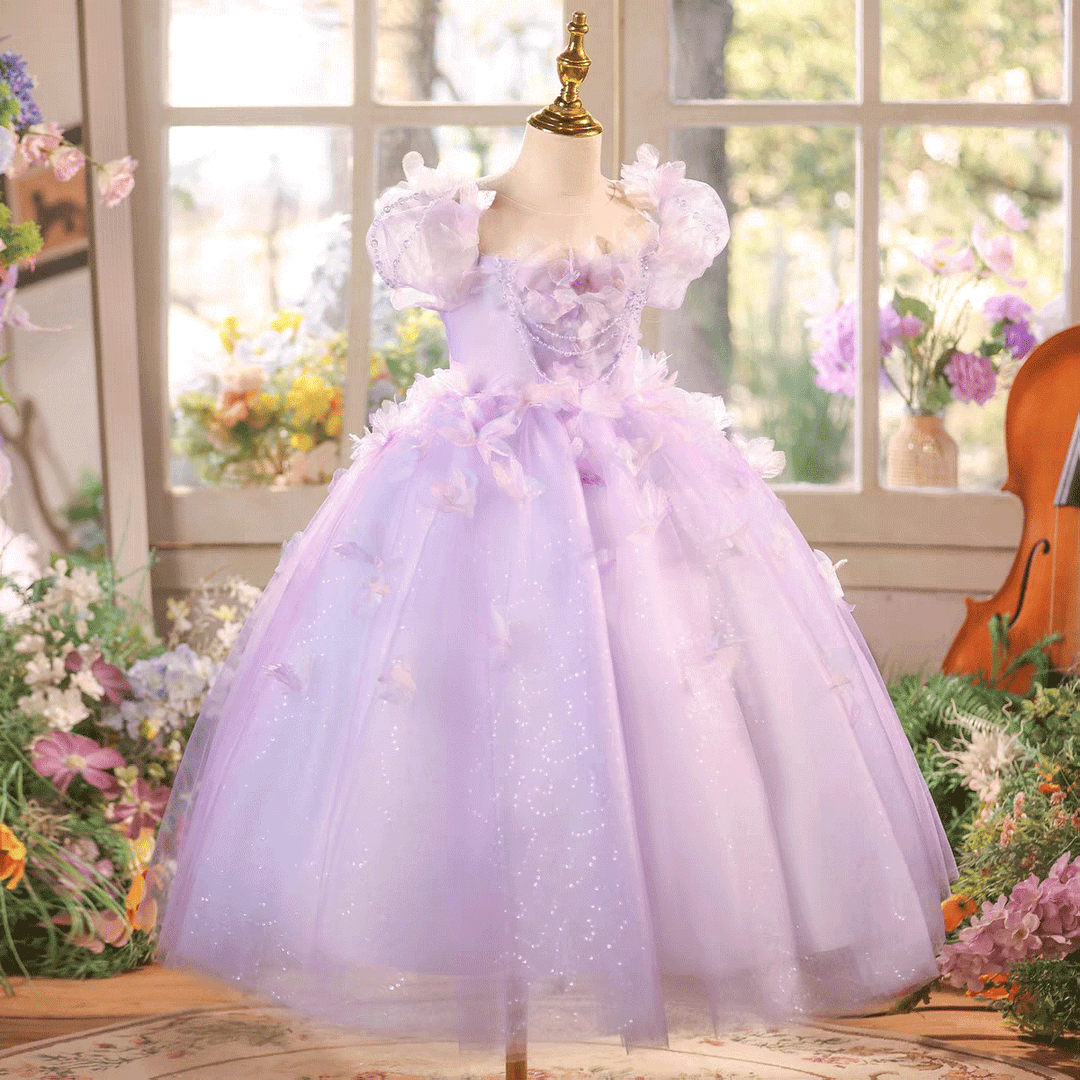 Sparkly Lilac Tulle Flower Girl Dress Kids Fairy Princess Ball Gown J612