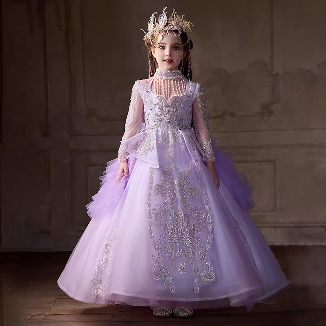 silver flower girl dress with sleeves Beaded Grey Lace Couture Flower Girl Dress Spring Weddings With Long Sleeves #TG7039