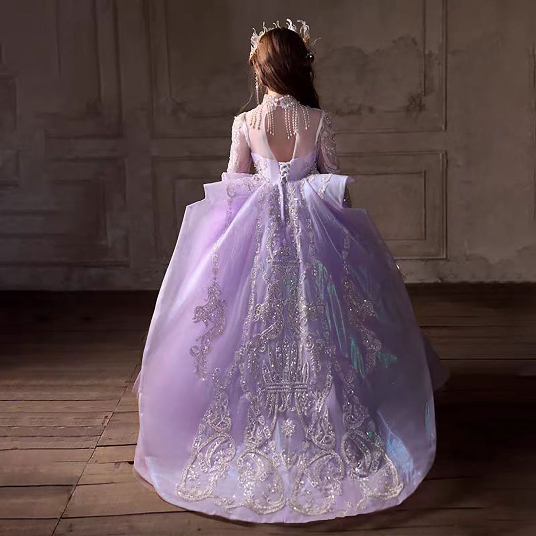 silver flower girl dress with sleeves Long Sleeves Communion Flower Girl Dress Celestial 3704 5-6 years / Ivory