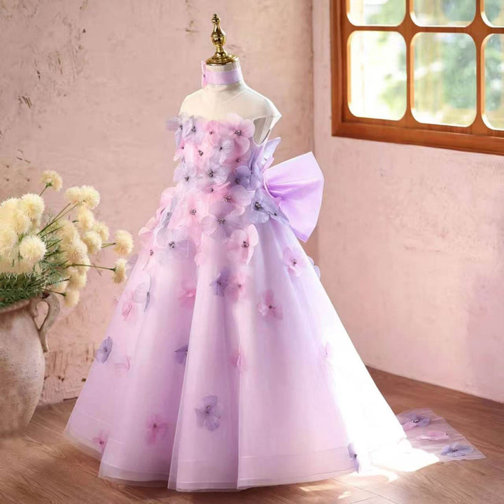 Luxury Lilac Princess Flower Girl Dress with Flower Appliques J620