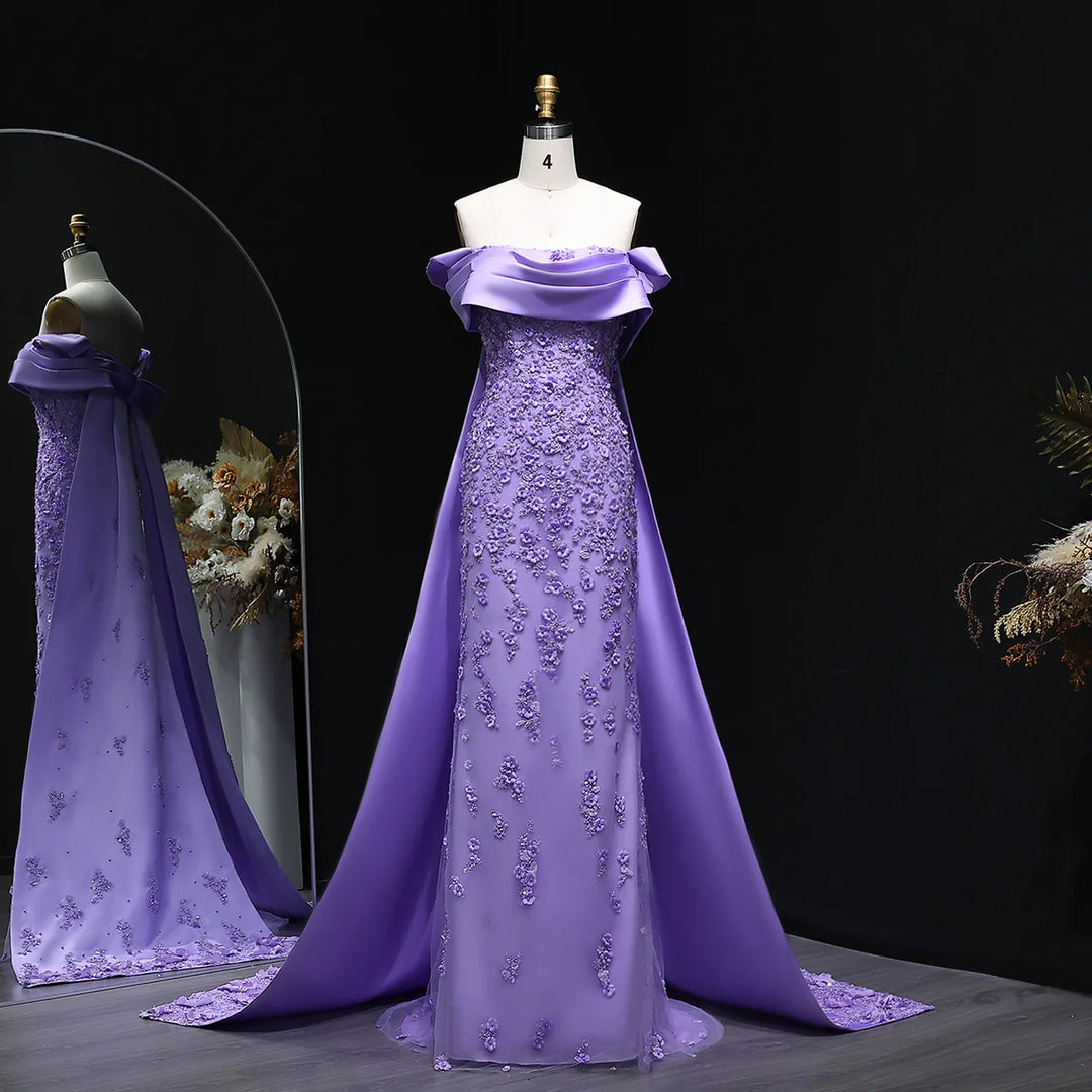 Elegant Lilac Mermaid Evening Dress with Crystal Details and Overskirt SS555