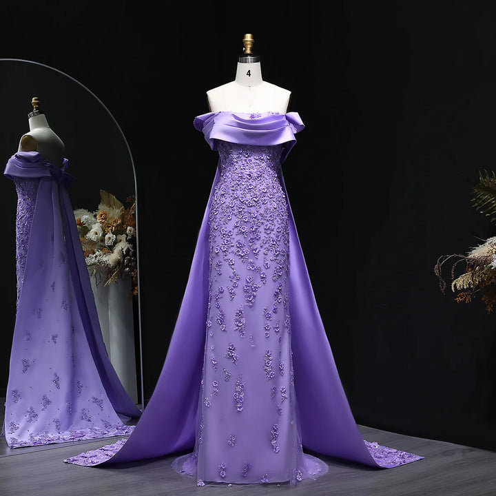 Elegant Lilac Mermaid Evening Dress with Crystal Details and Overskirt SS555